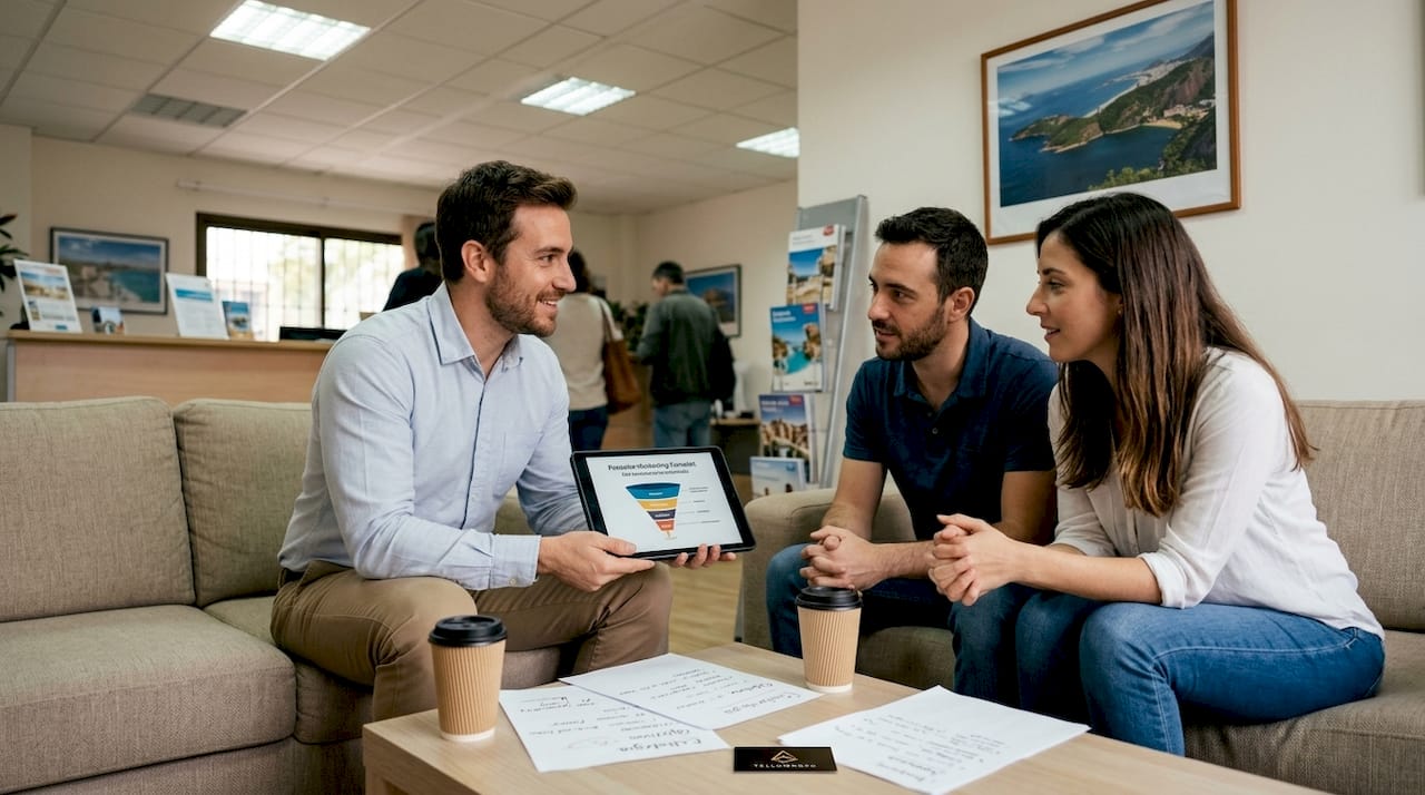 Especialista orientando sobre estrategias de marketing en el sector turístico