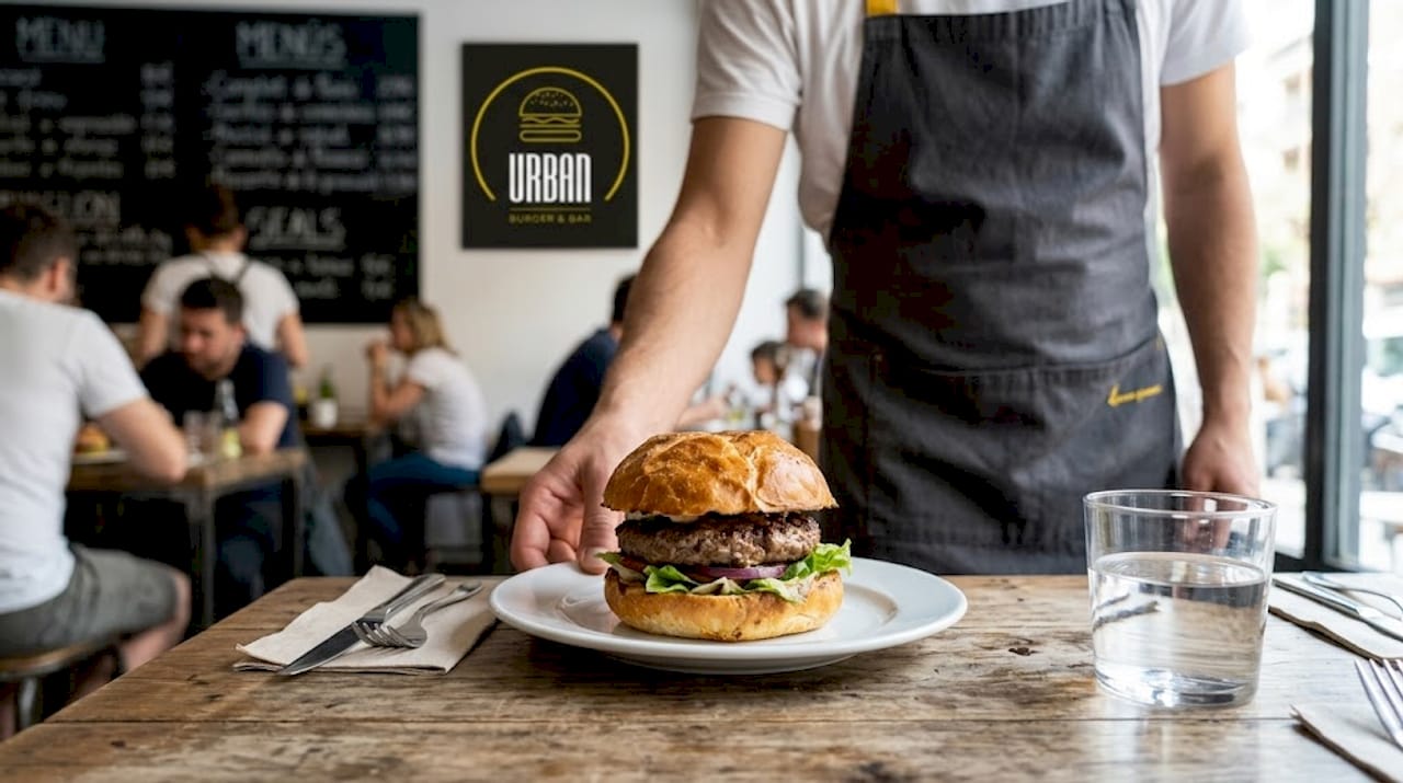 Hamburguesa gourmet con pan artesanal servido