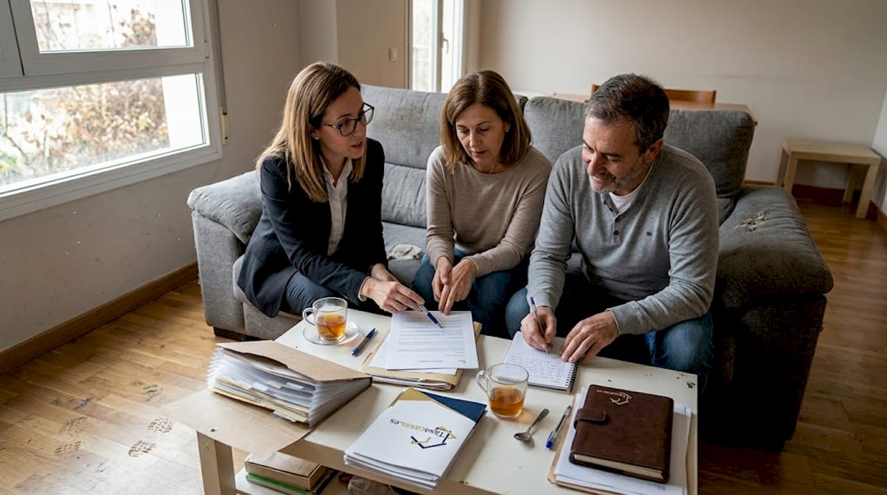Una pareja acude a una abogada para asesorarse sobre la compra de una vivienda.