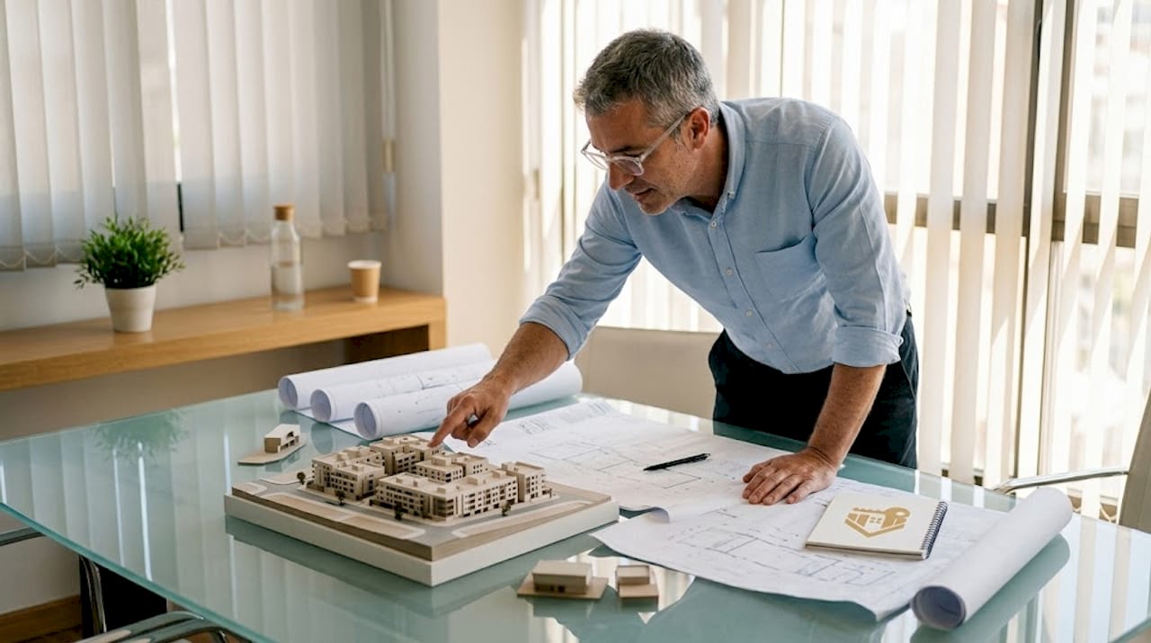 Asesor inmobiliario mostrando una maqueta de un edificio a sus clientes