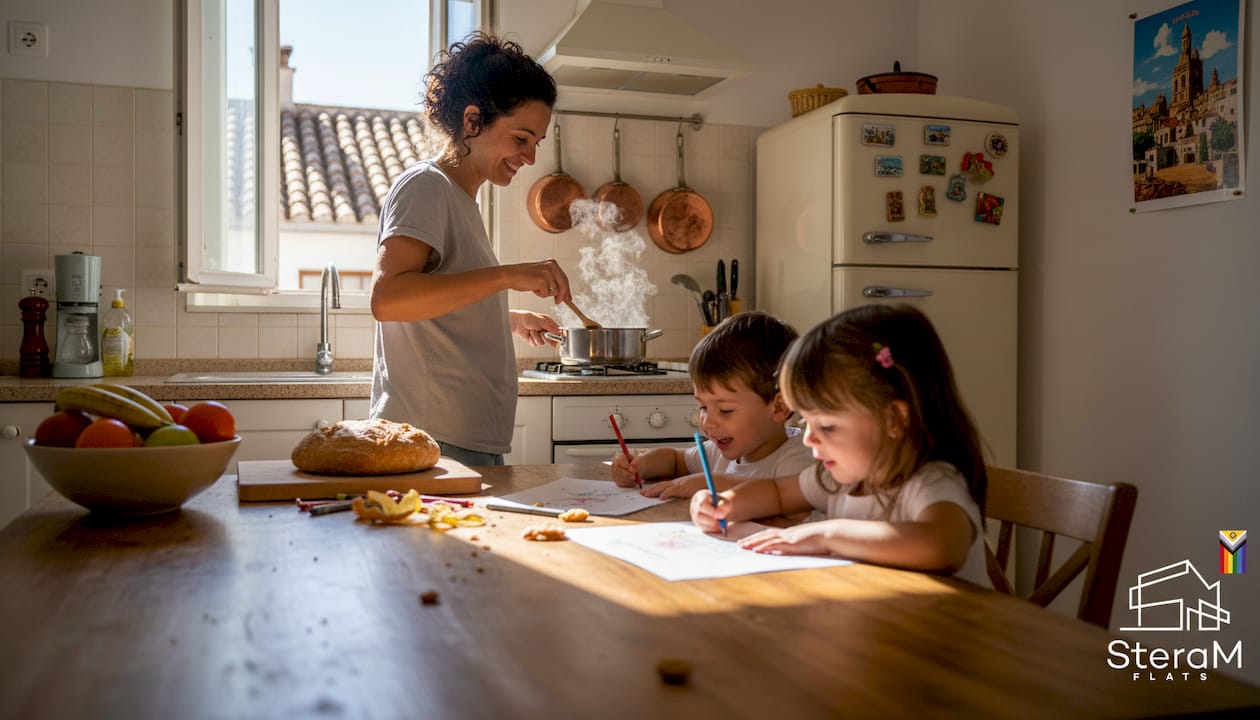 Family cooking and coloring in Spanish kitchen