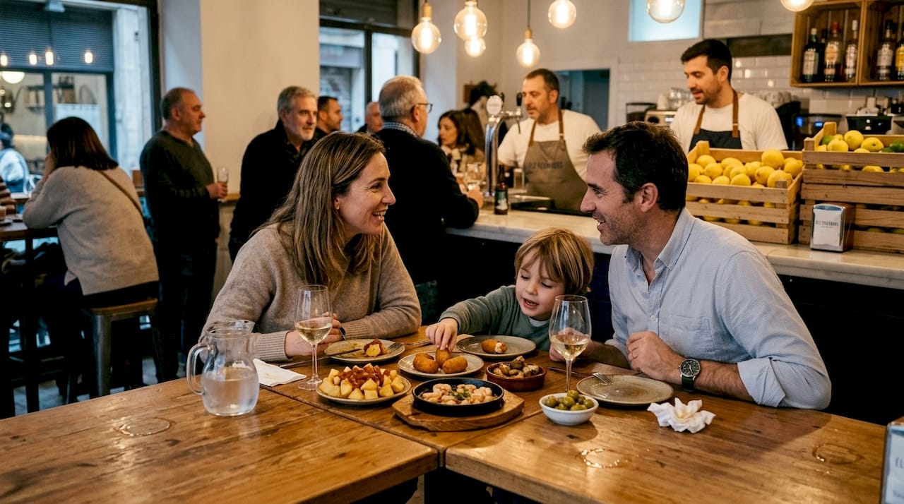 Una familia disfruta de una comida en un restaurante lleno de vida en uno de los barrios más animados de Barcelona.
