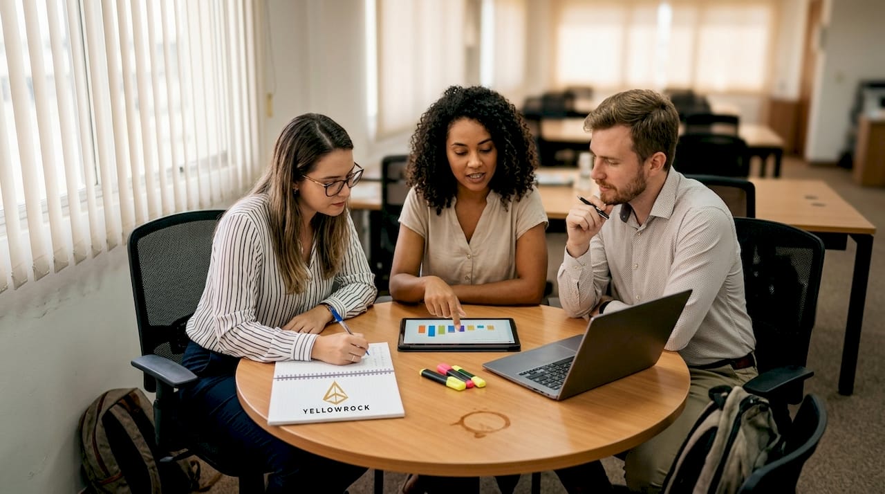 El equipo se reúne alrededor de la mesa para definir la estrategia de SEO.