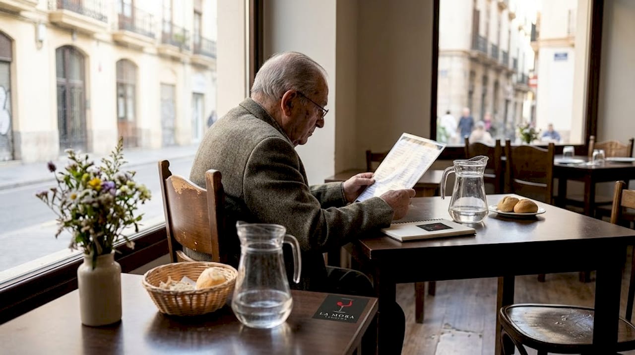 Un cliente hojea el menú mientras se sienta junto a la ventana del restaurante.