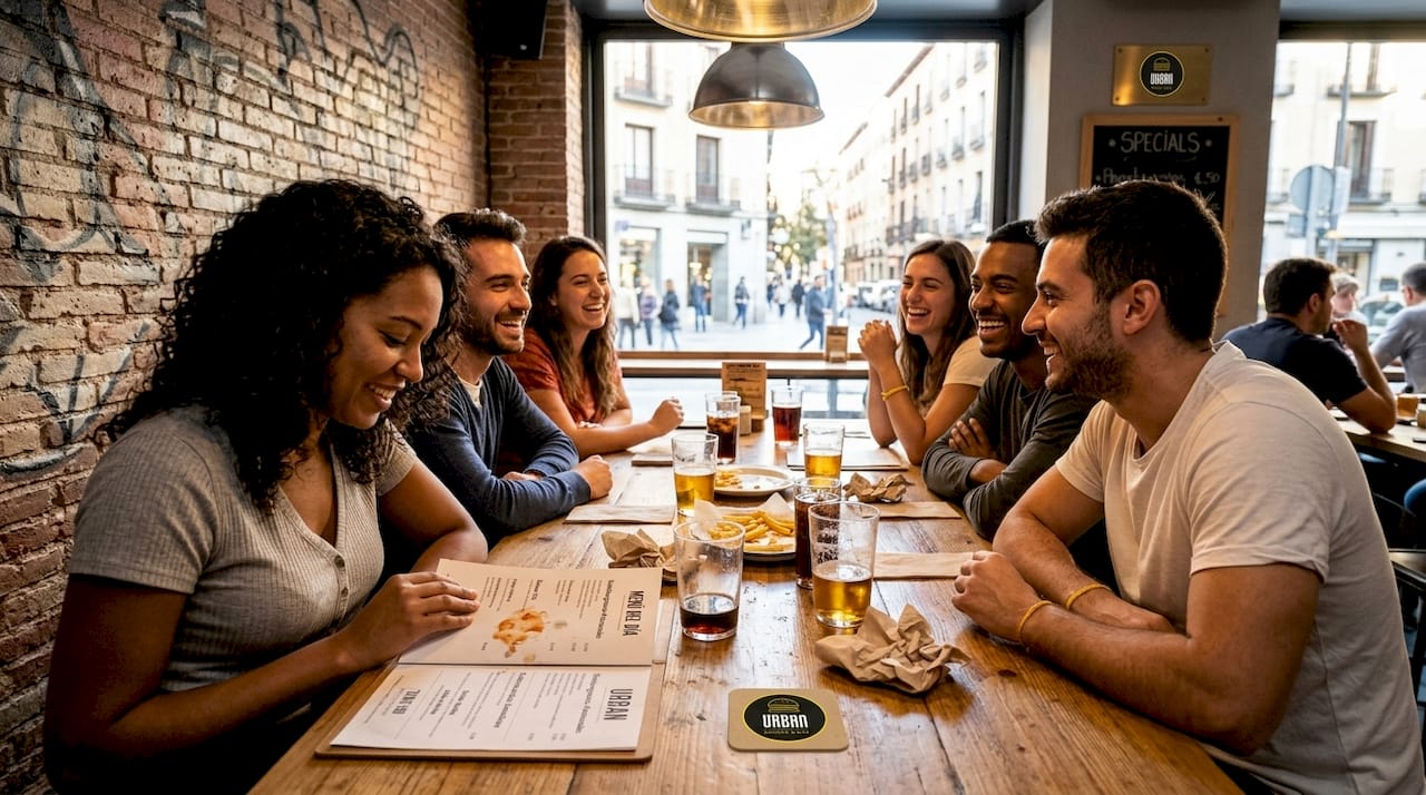Un grupo de amigos disfruta de una comida juntos en una hamburguesería moderna.