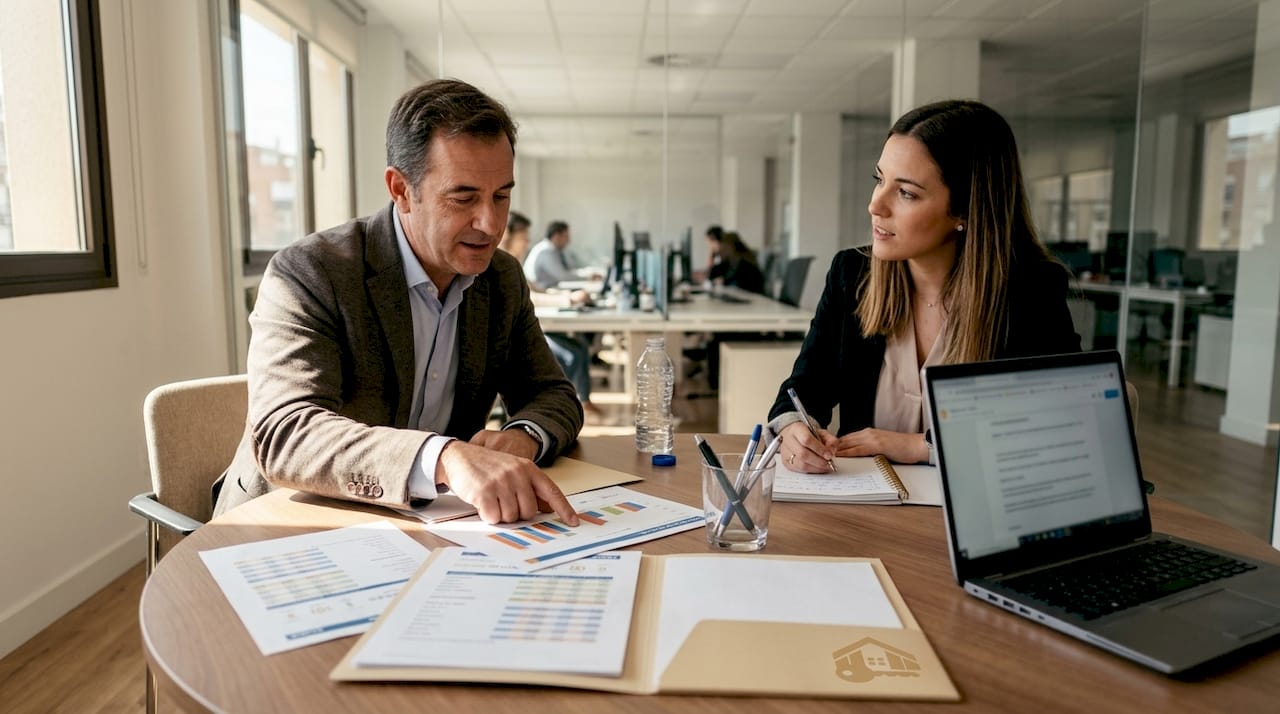 Un inversor y su asesor analizan las cifras del mercado para tomar decisiones estratégicas.