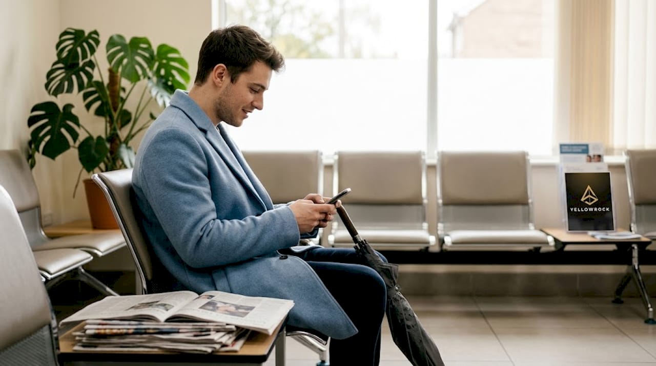 Una persona espera su turno en la sala del centro médico mientras revisa el móvil.