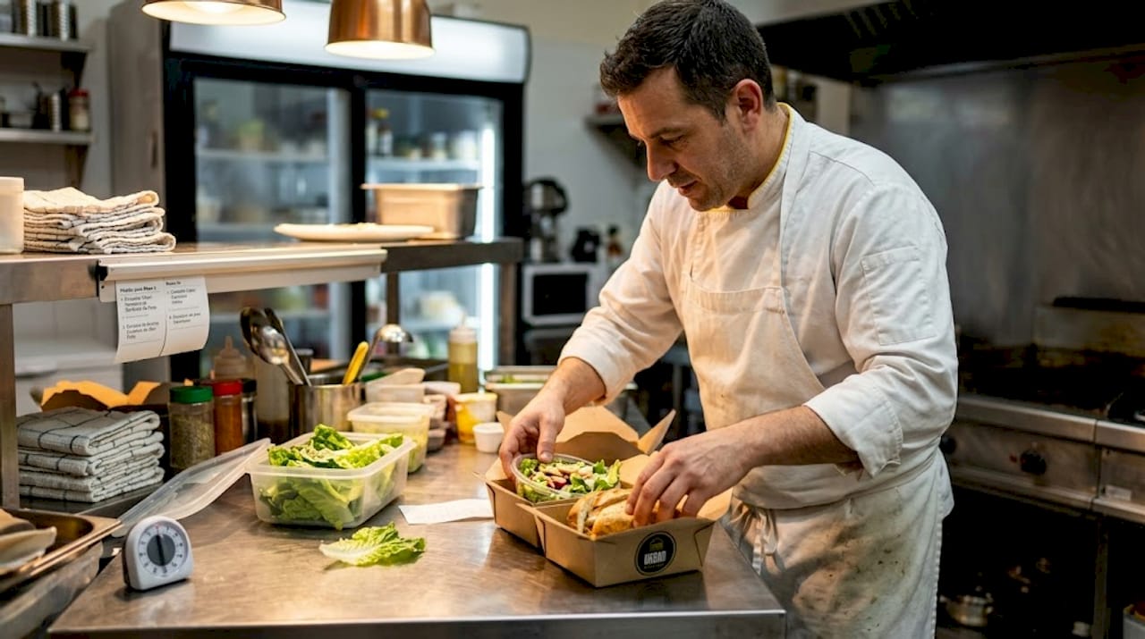 Un chef elabora cuidadosamente pedidos para llevar, asegurándose de que cada plato mantenga la calidad del restaurante.
