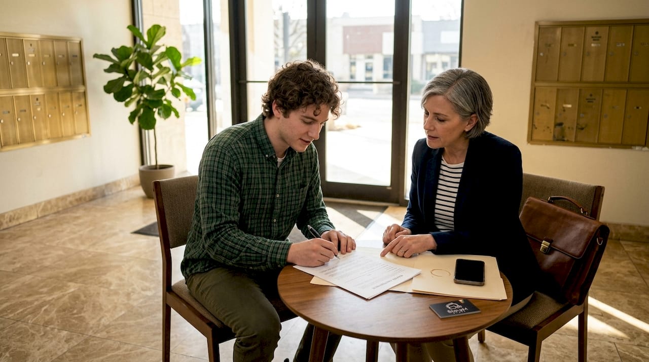 Tenant and manager signing rental contract in lobby