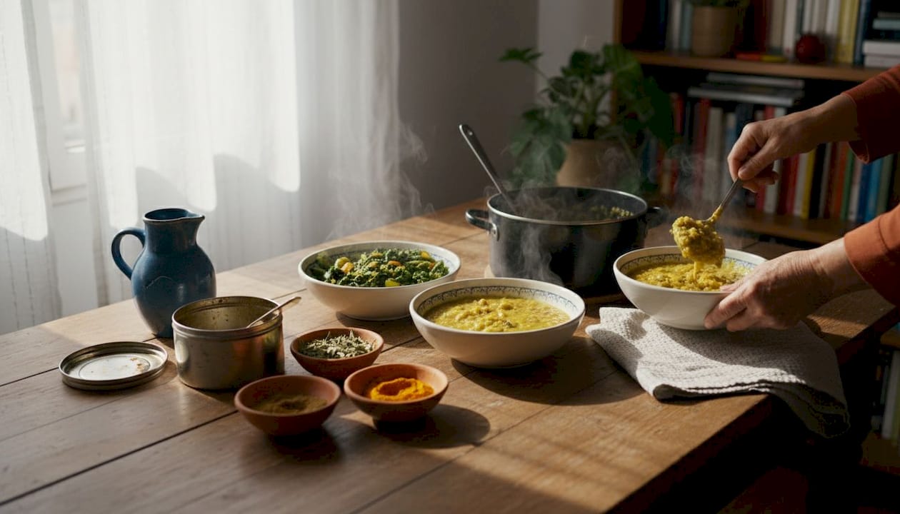 Mesa servida con especias de la India y una comida saludable, lista para disfrutar.