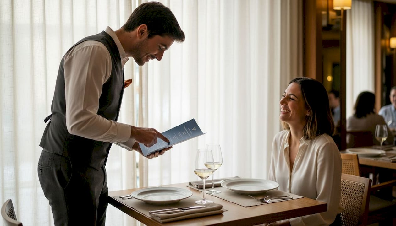 El camarero presenta y detalla el menú degustación a los comensales, explicando cada plato y resolviendo sus dudas para que disfruten al máximo la experiencia gastronómica.