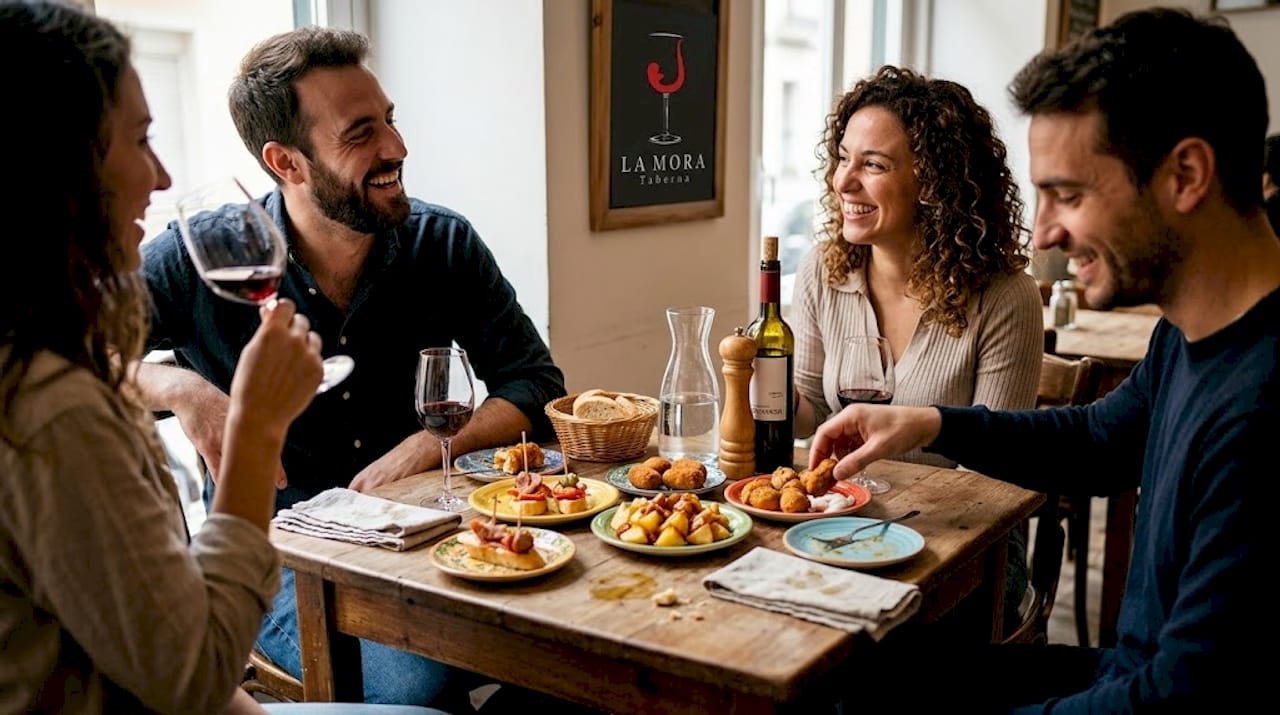Un grupo de amigos disfruta de unas tapas exquisitas en un bistró acogedor, compartiendo risas y buenos momentos alrededor de la mesa.