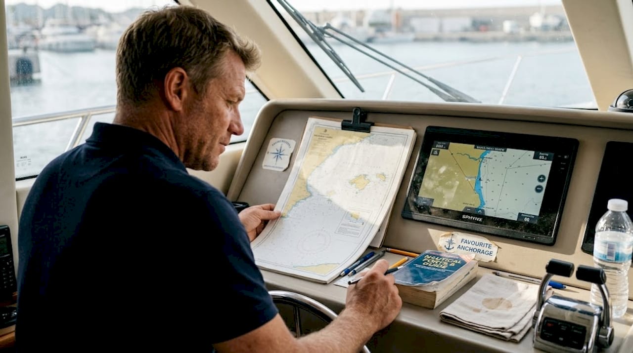 Captain planning yacht route Mediterranean chart