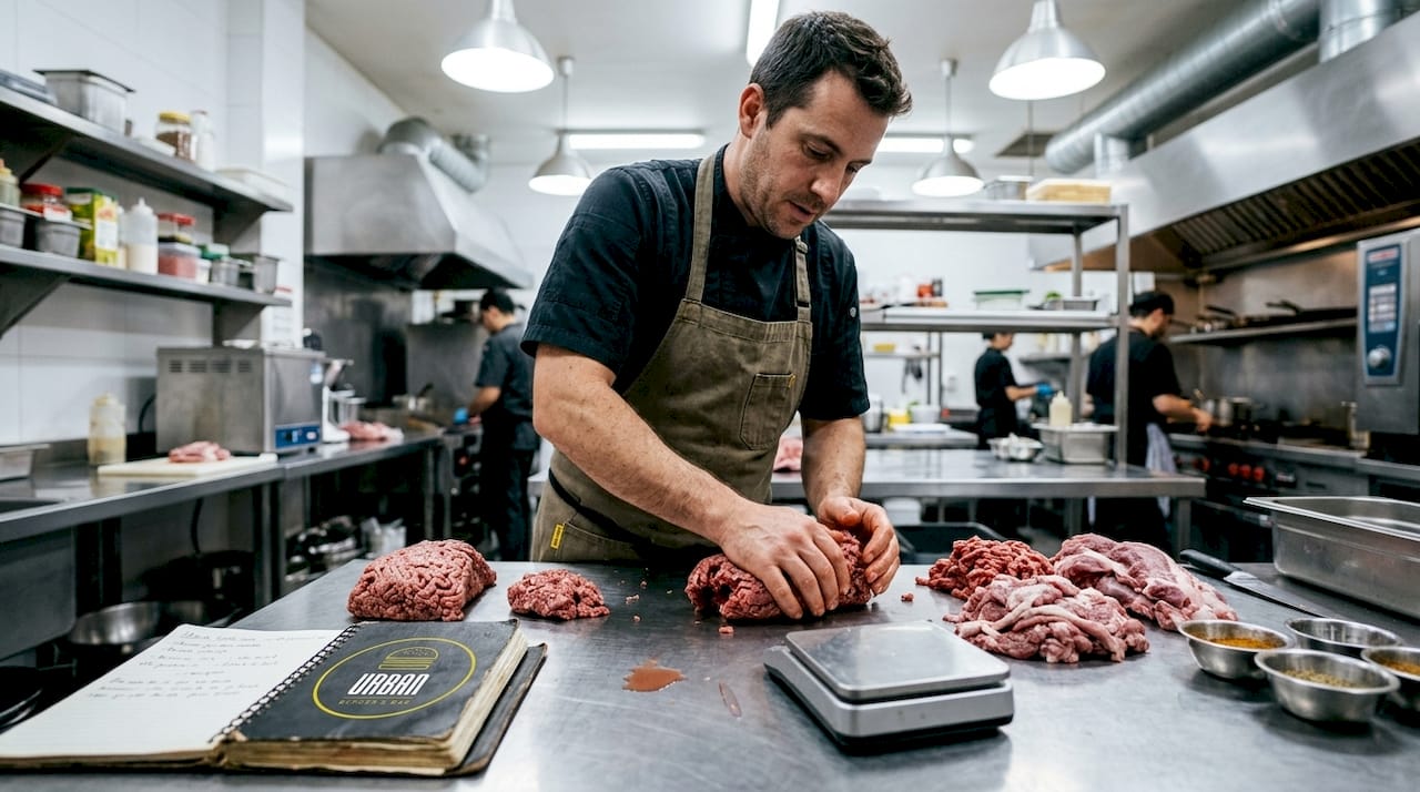 Un carnicero preparando la mezcla perfecta de carnes para hacer hamburguesas jugosas.