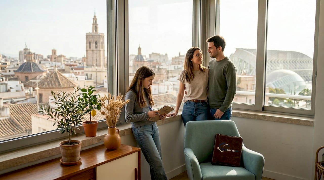 Una familia visita el interior de un piso en Valencia para verlo en persona.