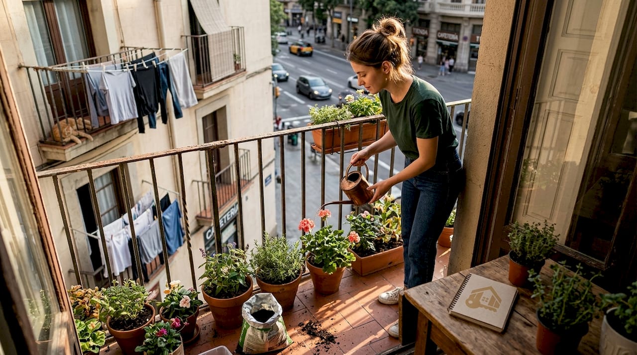 Una mujer riega las plantas en el balcón de su piso en la ciudad.
