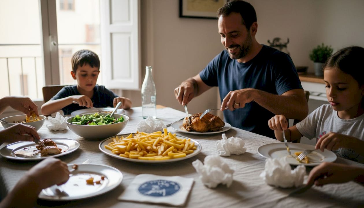 Una familia disfruta junta de un pollo asado en la mesa de casa, compartiendo una comida casera en un ambiente cálido y cercano.