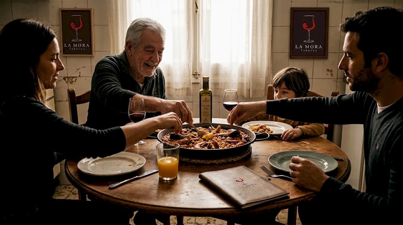 Una familia disfrutando junta de una auténtica paella valenciana