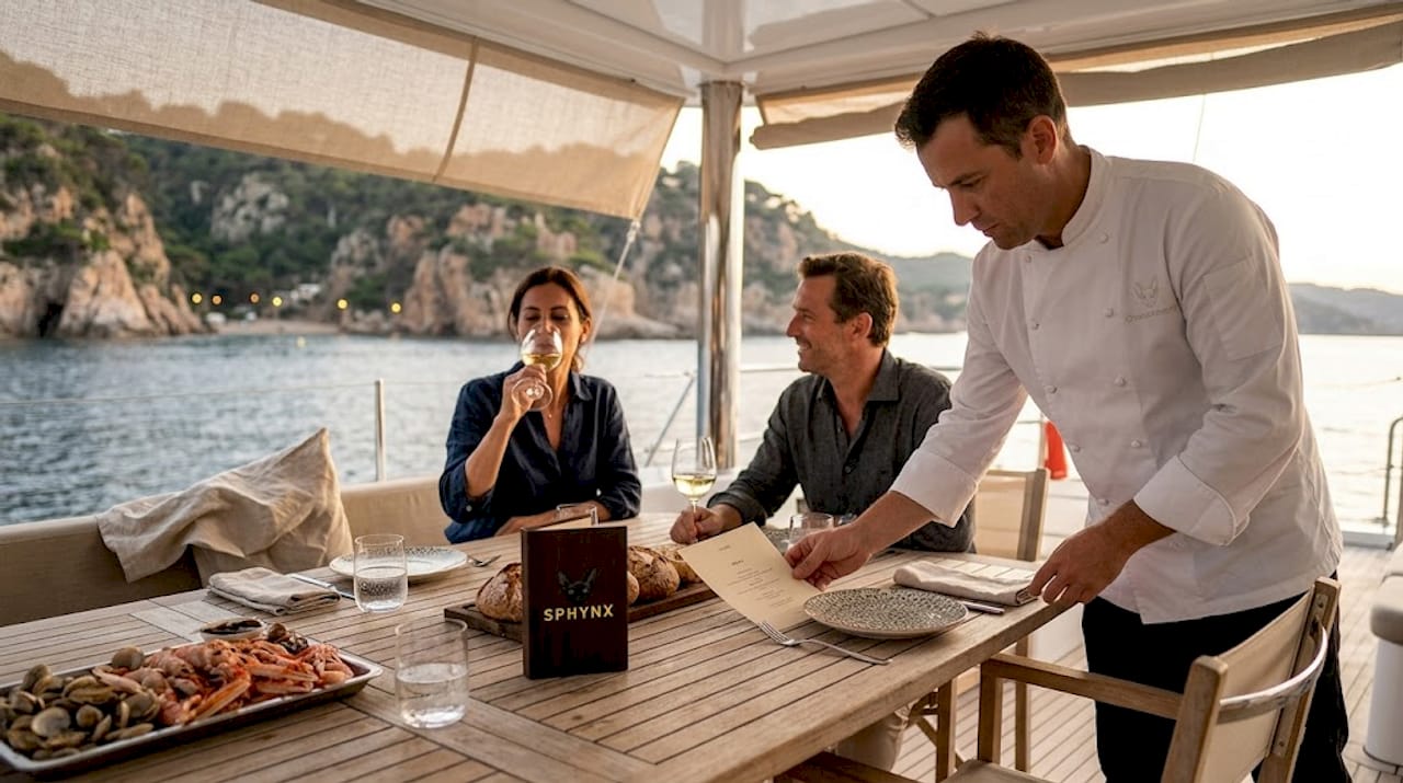 Guests enjoy sunset dinner on yacht deck