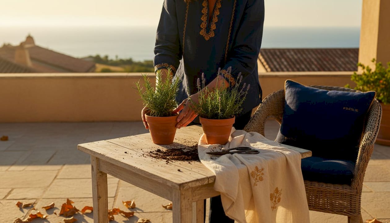 Una persona decorando su terraza con plantas aromáticas