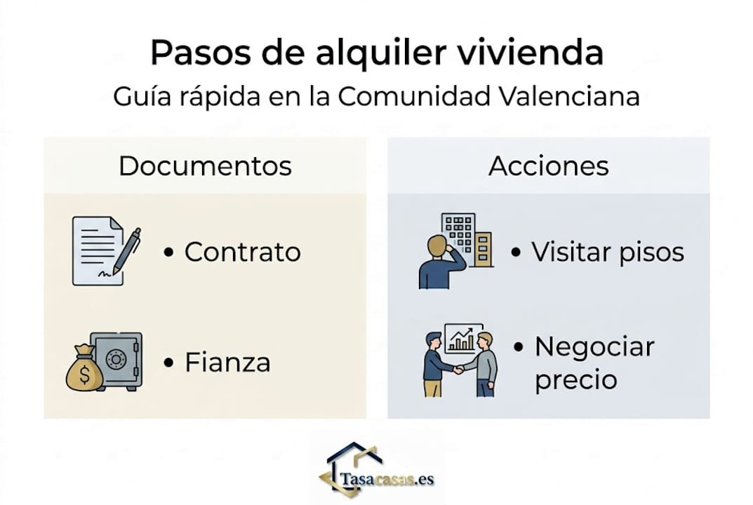 Guía visual con los pasos clave y la documentación necesaria para alquilar una vivienda