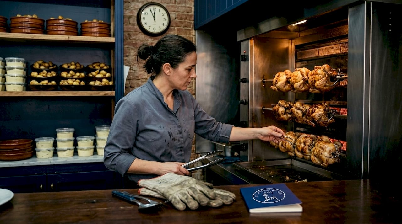 Cocinera preparando pollos al horno giratorio