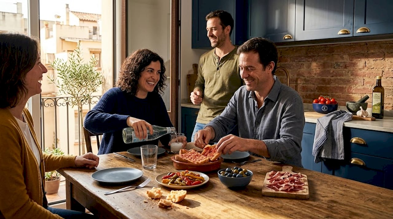 Un grupo de amigos disfruta de unas tapas catalanas alrededor de la mesa de la cocina.