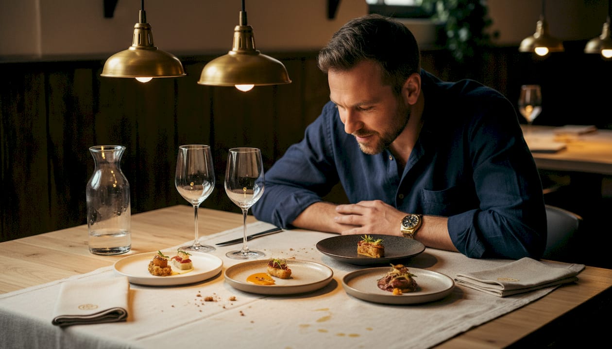 Un comensal contempla con entusiasmo la variedad de platos que le ofrecen en una experiencia de degustación.