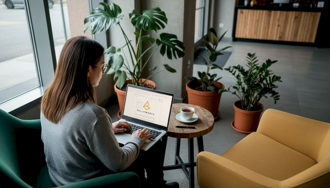 Propietaria de un hotel revisando el correo electrónico desde su portátil