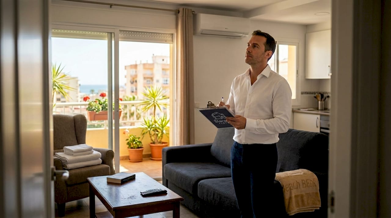 Man checking amenities in Spanish rental