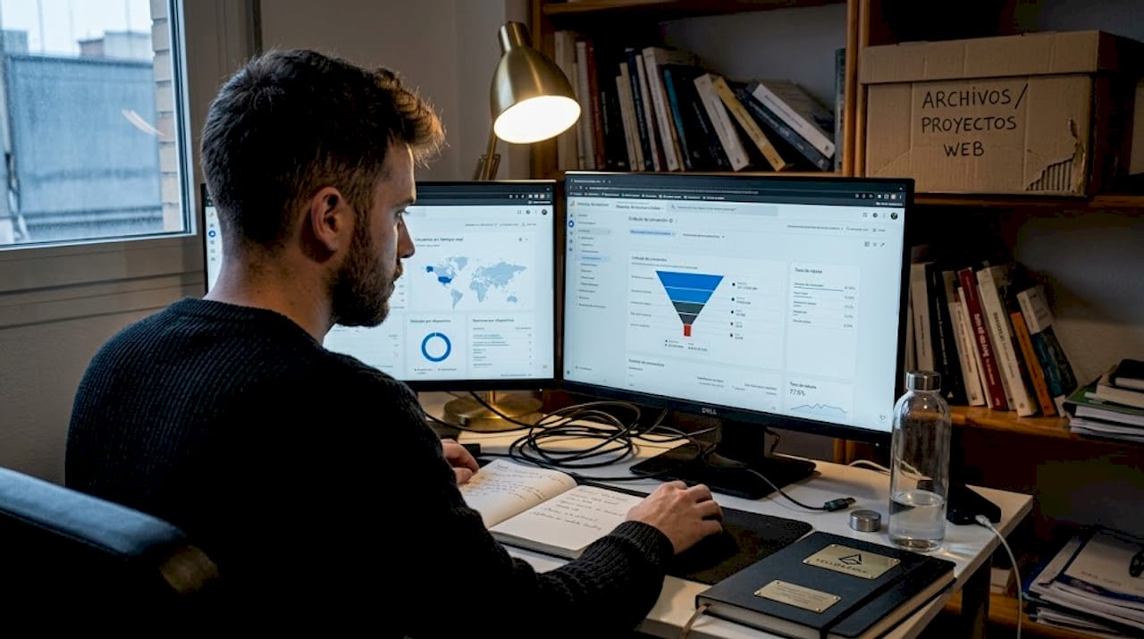 Profesional analizando datos con herramientas digitales desde su escritorio en casa.