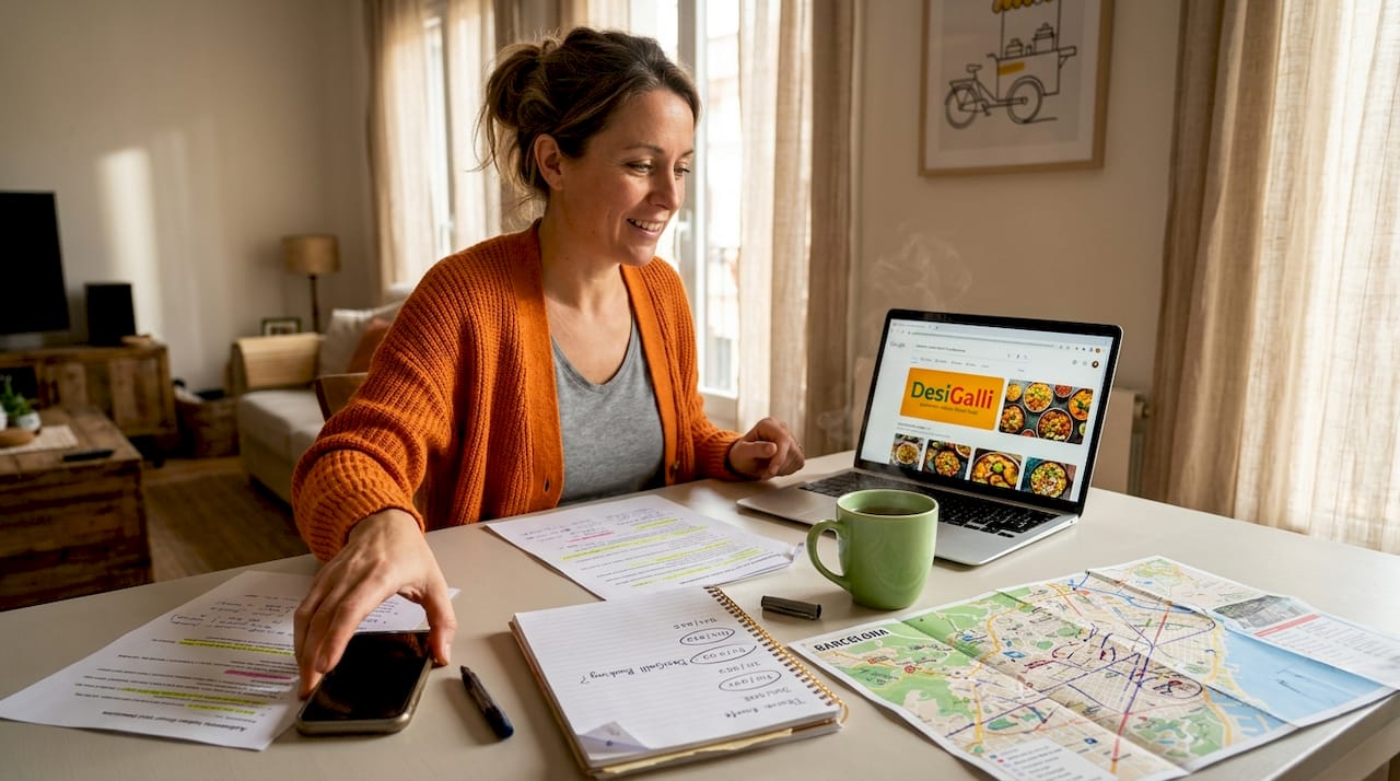 Woman planning party restaurant shortlist at home