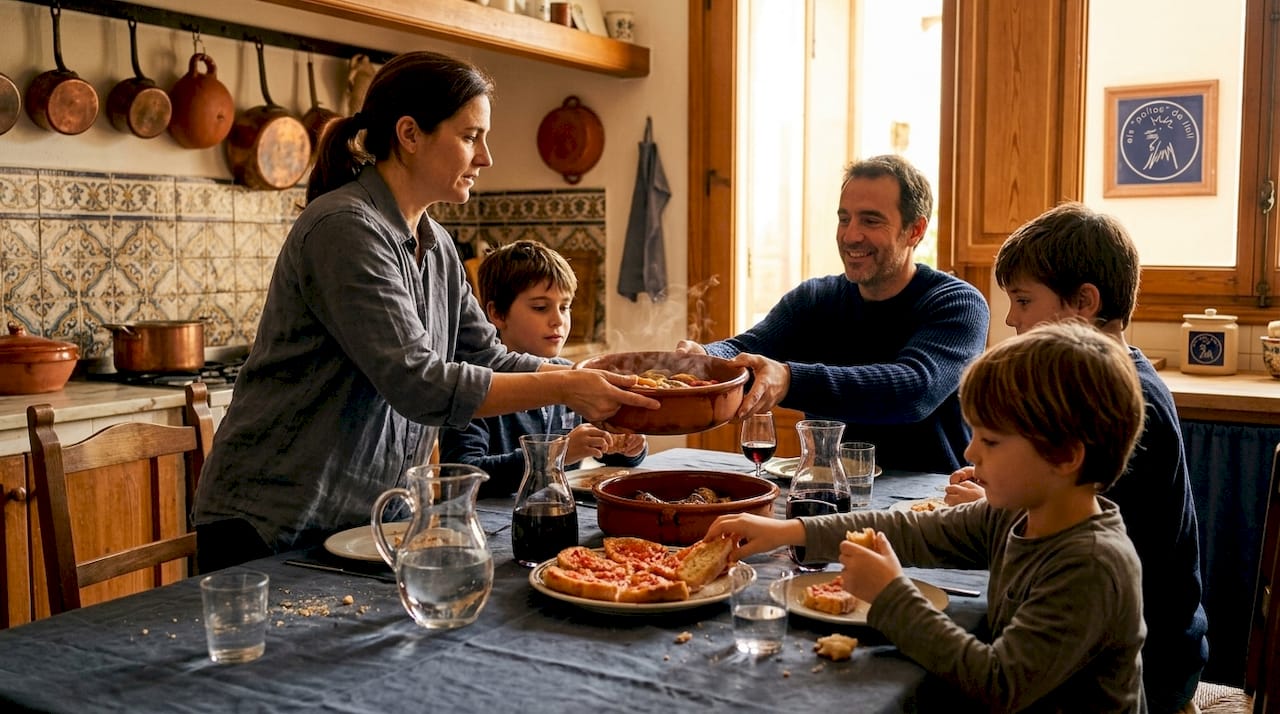 Una familia disfrutando de una comida catalana juntos en casa