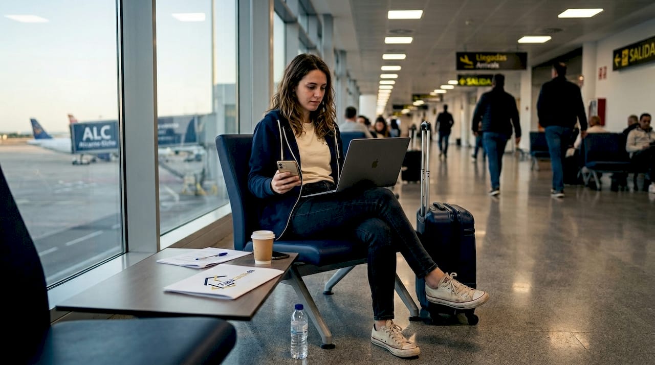 Mujer revisando opciones de transporte para salir del aeropuerto