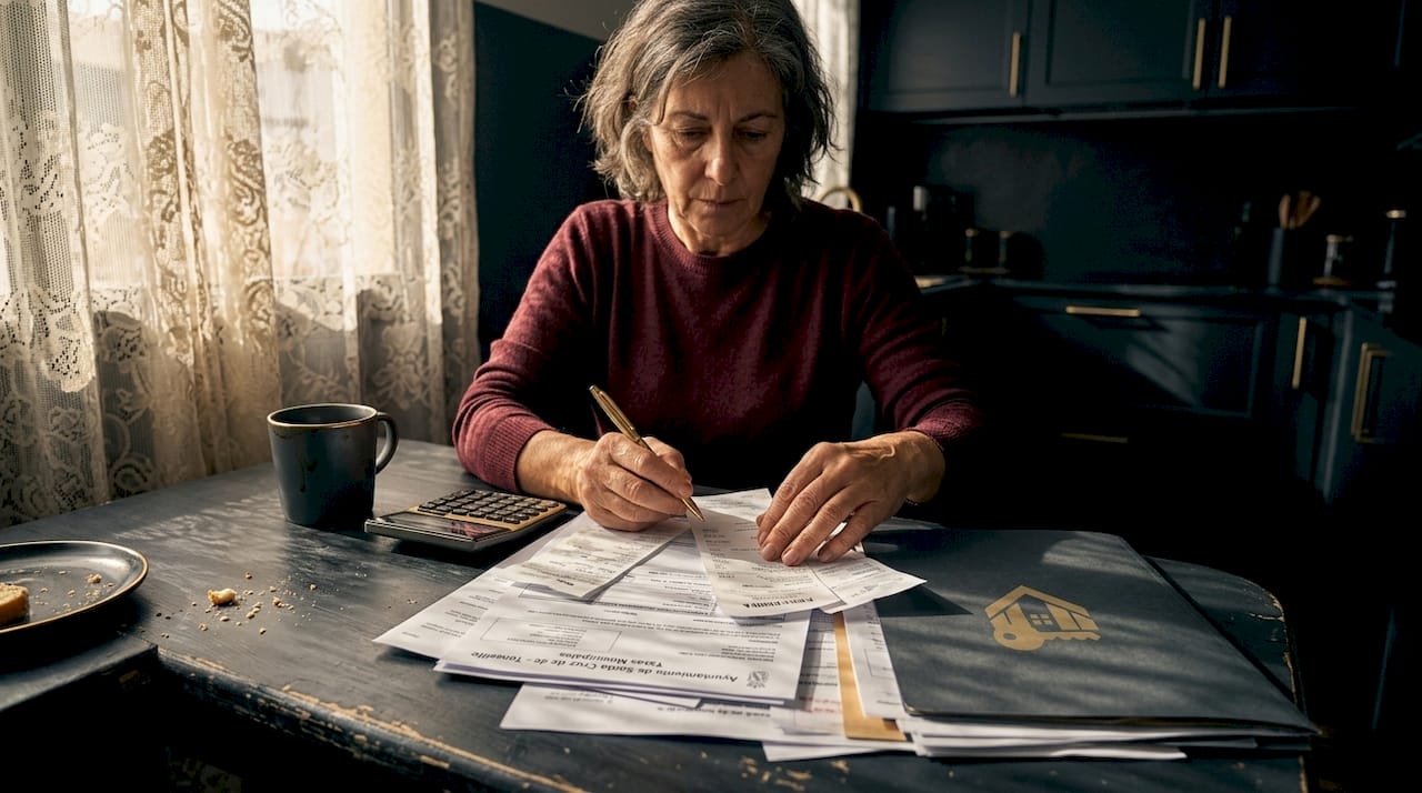 El propietario revisa y organiza papeles legales sentado en la mesa de la cocina.
