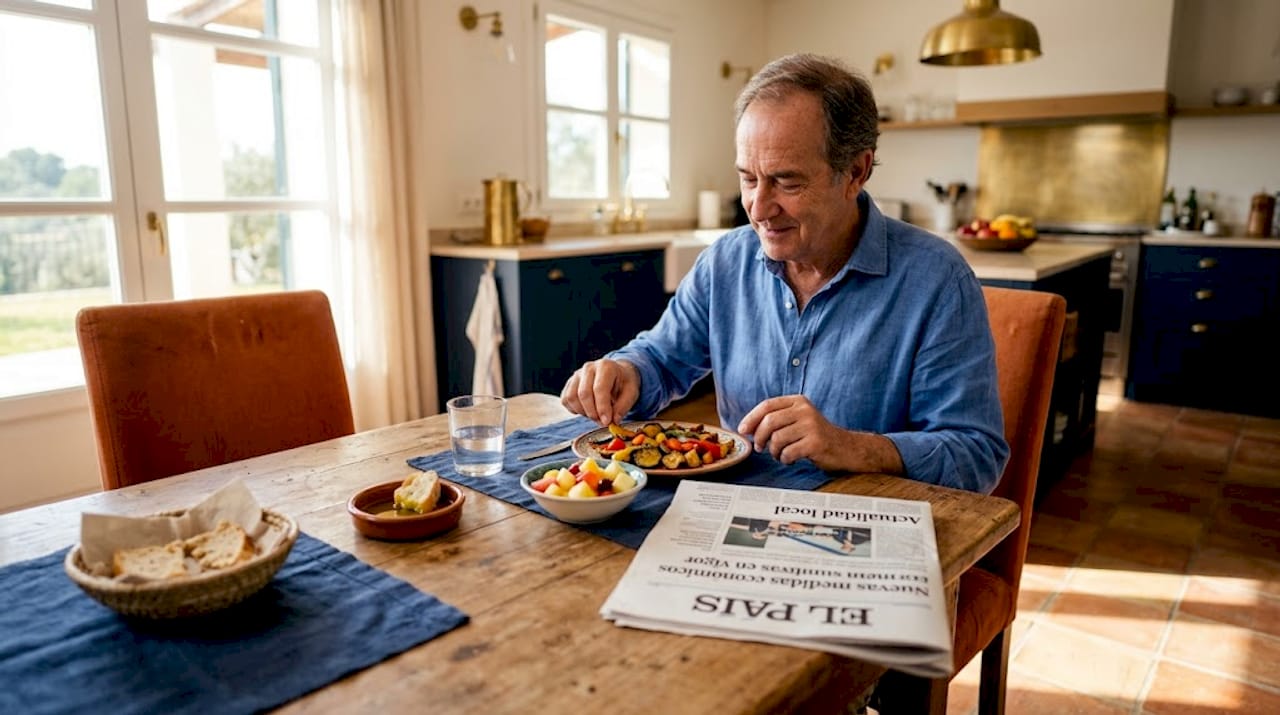 Hombre disfrutando de una comida mediterránea saludable en casa