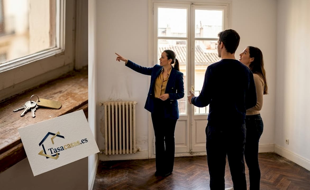 Una pareja recorre un piso acompañada por una agente inmobiliaria.