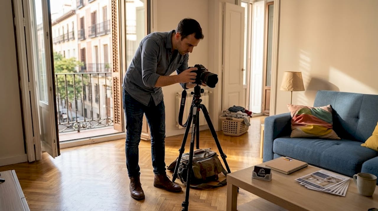 Photographer preparing for rental photo shoot Madrid apartment