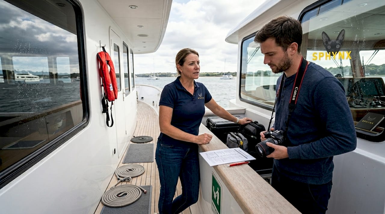 Crew member reviews event safety setup