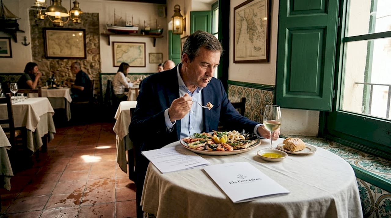 Executive tasting seafood in Catalan restaurant