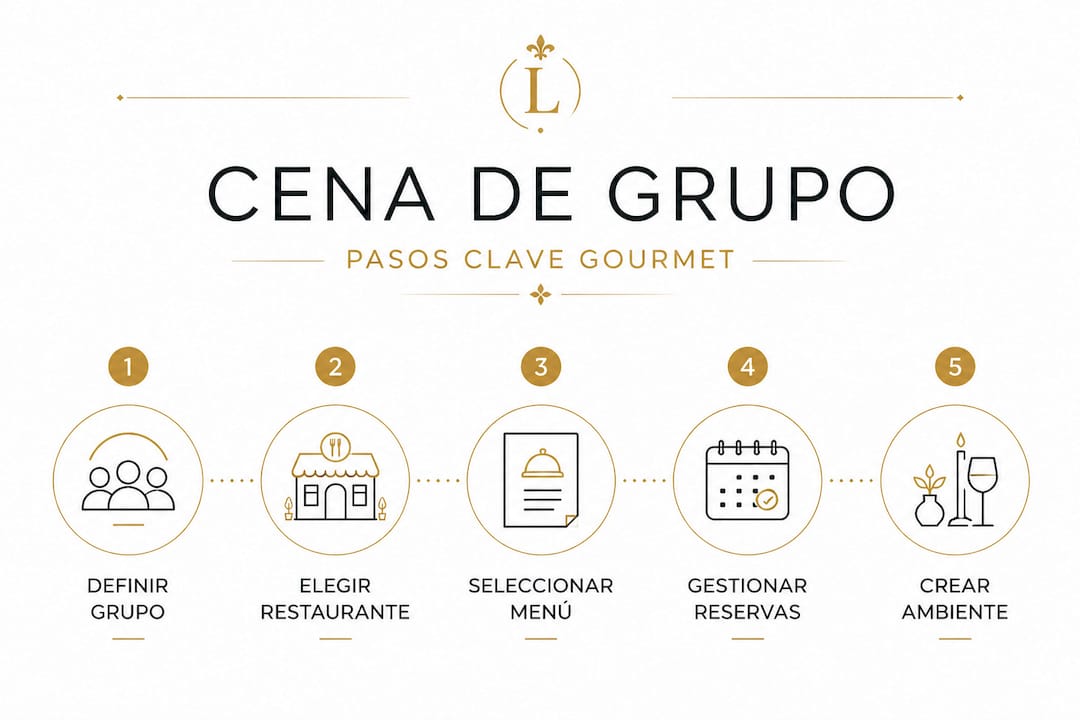 Infografía en formato vertical que muestra los pasos para organizar una cena gourmet con amigos.
