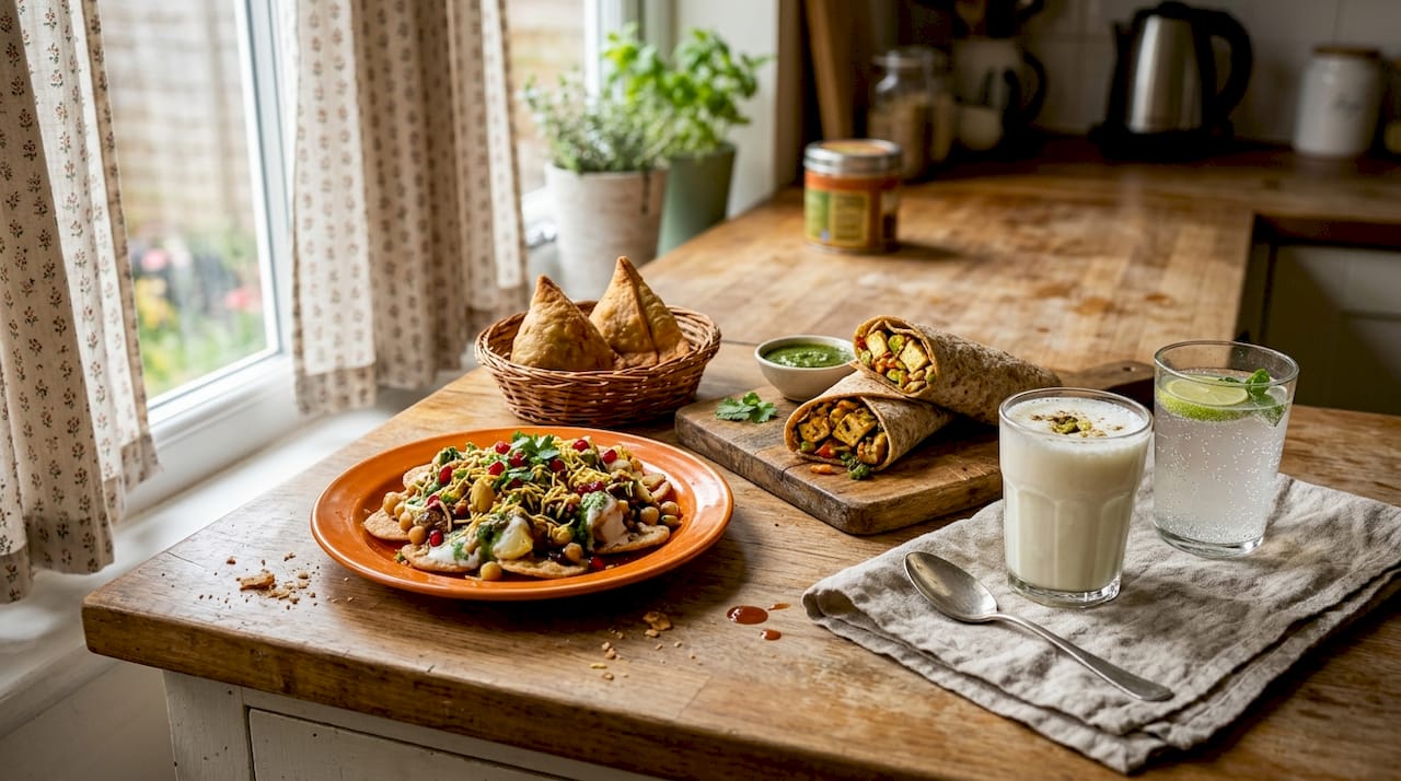 Indian chaat, samosas, and paired drinks on kitchen counter