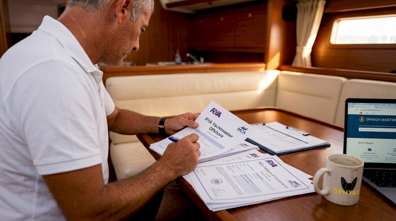Yacht skipper checking maritime certificates onboard