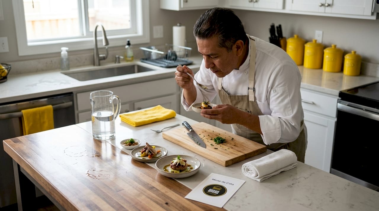 Un chef prueba exquisitos platos en una cocina impecable