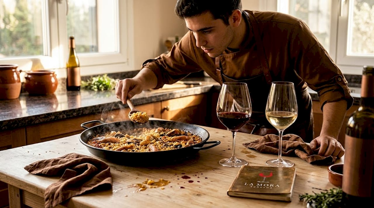 Cocinero comprobando la paella mientras disfruta de una copa de vino