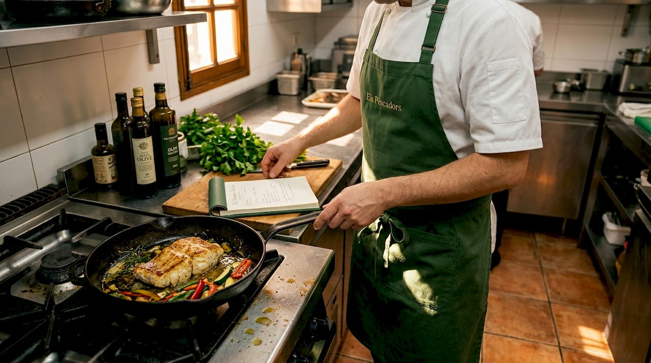 Chef preparing seafood in Catalan kitchen