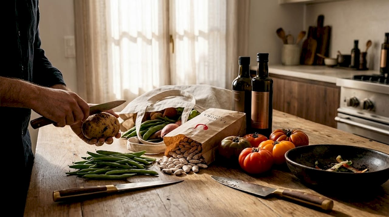 Una mesa de cocina repleta de productos frescos típicos de la huerta valenciana.