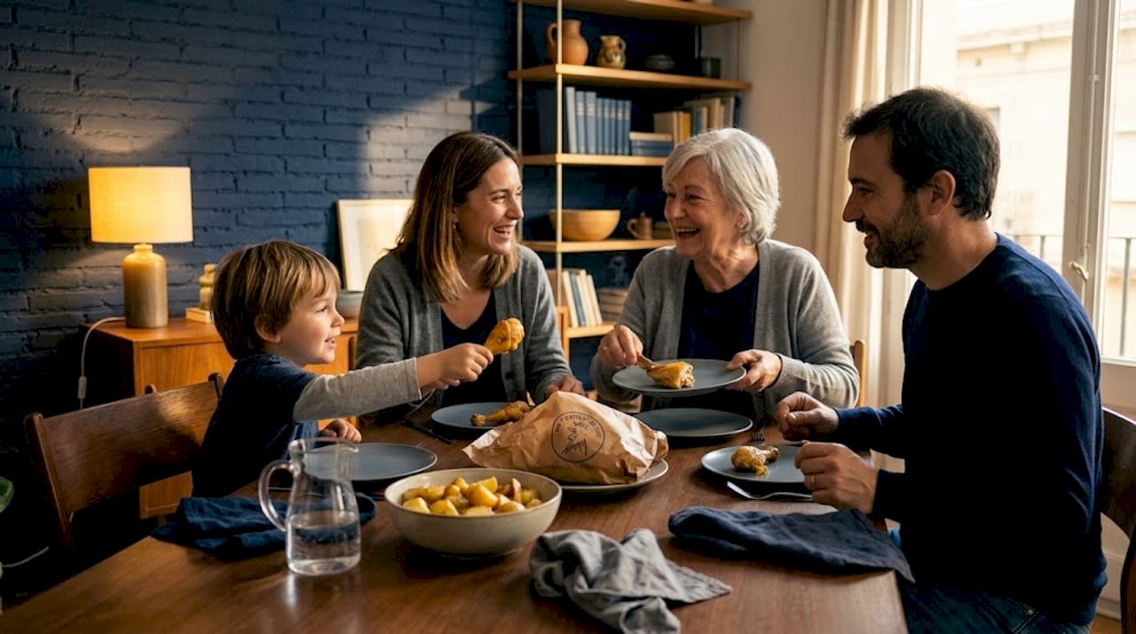 Una familia disfruta de un pollo asado juntos en casa
