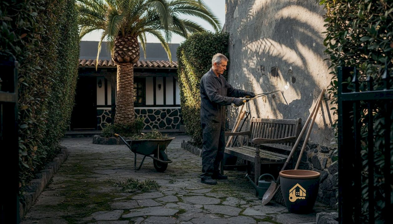 El propietario cuida del jardín junto a su chalet privado en Tenerife.