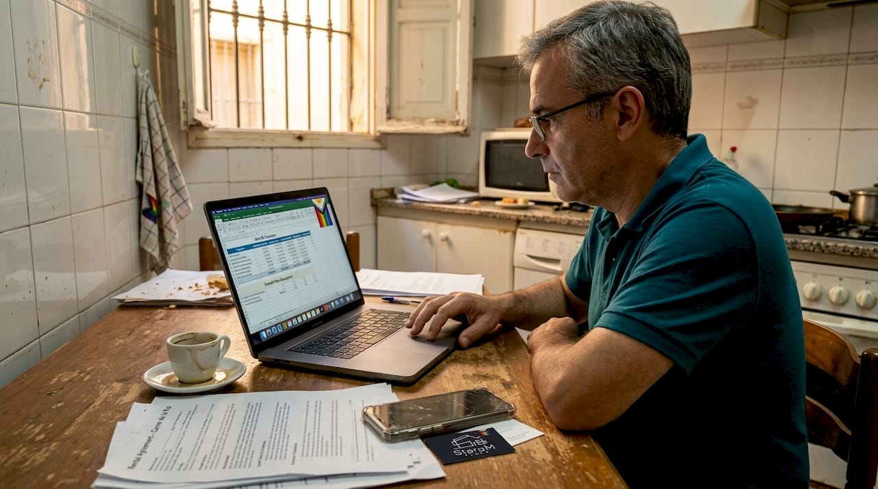 Investor reviewing rental returns in apartment